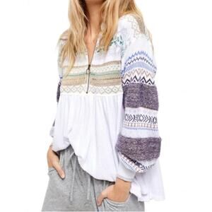 Free People Cozy Cottage Sweater Thermal Fair Isle Knit Metallic Boho White S